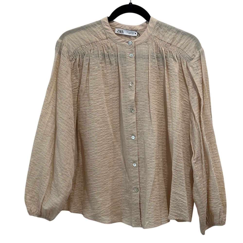 Zara Women Beige Textured Button Down Blouse size S NWT Balloon Sleeve 3564/086